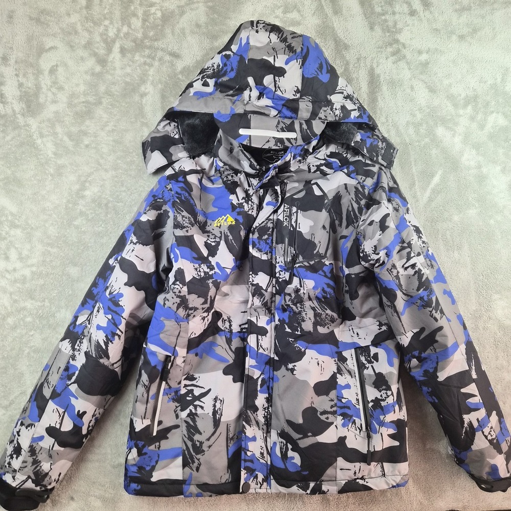Afilok Ski Jacket Boys 14/16 Blue Camo Waterproof Fleece Lined Snowboard Coat